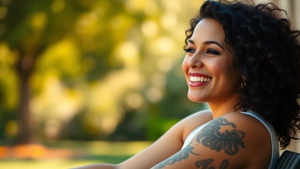 Smiling woman outdoors in sunlight, showcasing holiday season compassion.