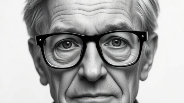 Mature individual with glasses, serene expression, high contrast, minimalistic.