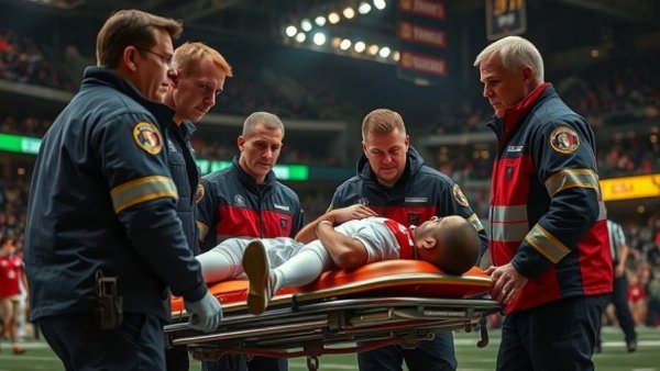 Emergency team assists injured athlete during game, vivid scene.