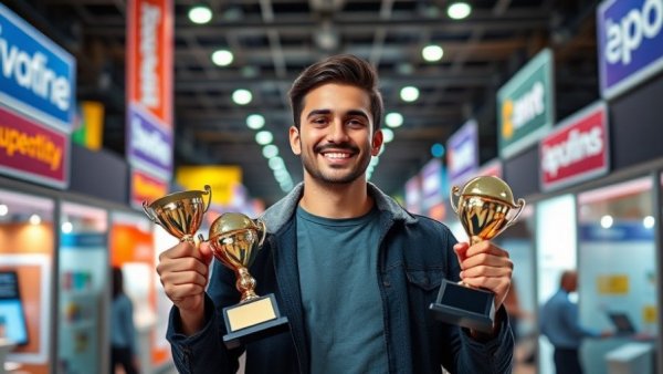 Proud winner holding awards at cannabis expo, Building an Award-Winning Cannabis Brand.