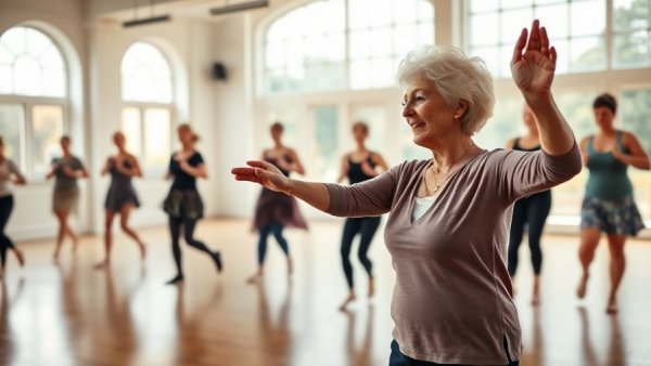Elderly woman instructing a dance class, Creative Aging Classes.