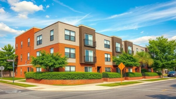 Modern apartment building in North Carolina, ideal for multifamily acquisition, under a clear sky.