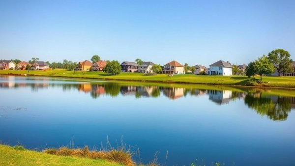 Scenic view of lake with suburban houses, Maricopa odors context.