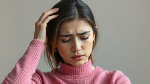 Young woman holding head, showing symptoms of POTS and low blood pressure.