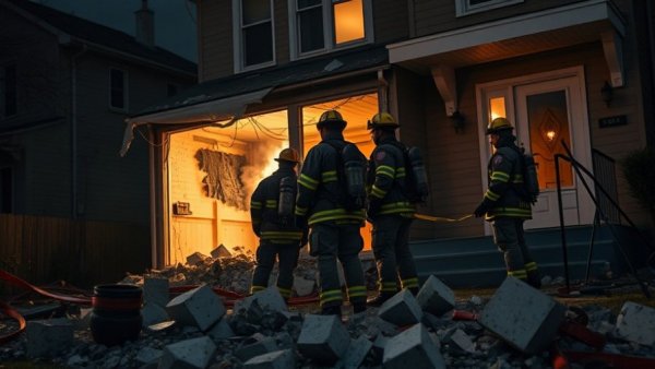 Firefighters inspect explosion site at night, damaged house scene.