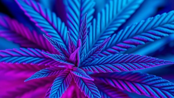 Close-up of a vibrant cannabis leaf under colorful lighting.