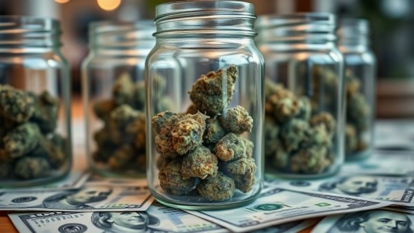 Cannabis buds in jars on dollar bills symbolizing cannabis industry news.