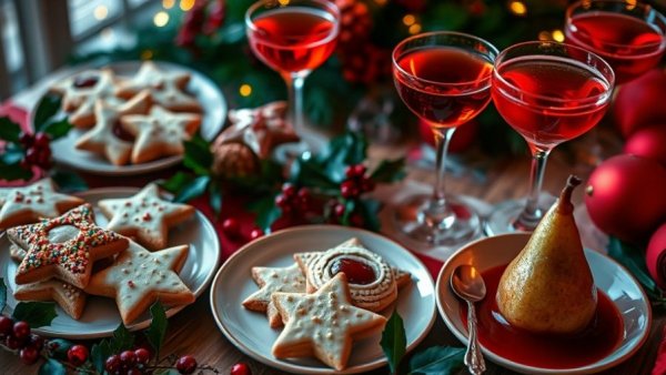 Festive Christmas dessert ideas with cookies, cocktails, and poached pear.
