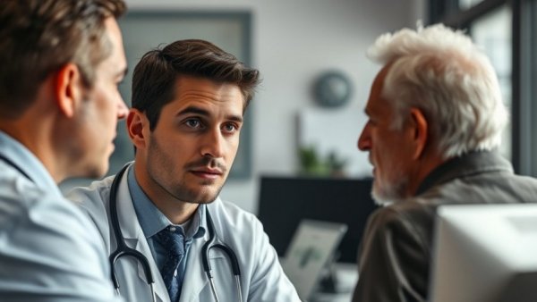 Doctor consulting patient using AI-based tool for cardiovascular events in office.