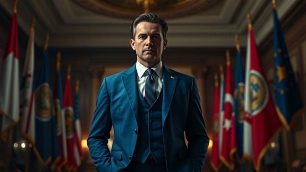 Confident man in suit during speech in official setting, Trump 2026 agenda.