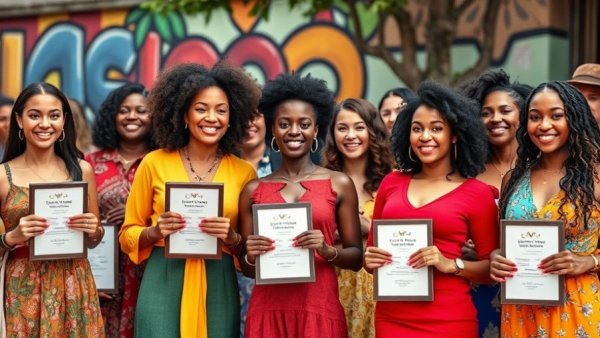 Women celebrating at Cannabis Expo, diverse group smiling.