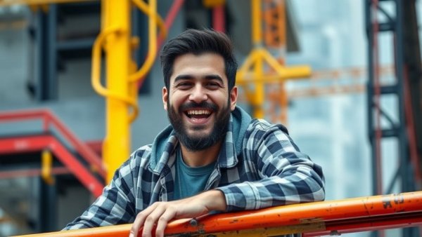 Casual man on scaffold during construction, outdoors.