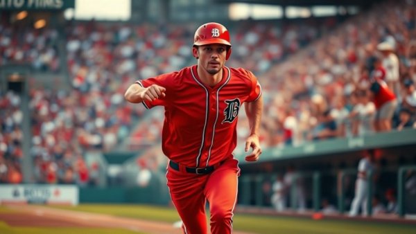 Baseball player in red uniform running during a game.