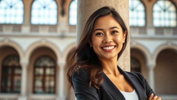 Professional lawyer smiling confidently in an elegant setting.