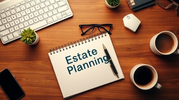 Estate planning notebook on wooden desk with keyboard and coffee.