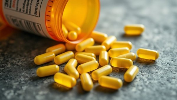 Yellow pills spilled from bottle represent Sertraline and opioid overdose risk.