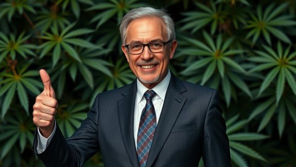 Older man giving thumbs-up with marijuana background, Trump Executive Order Reschedule Marijuana.