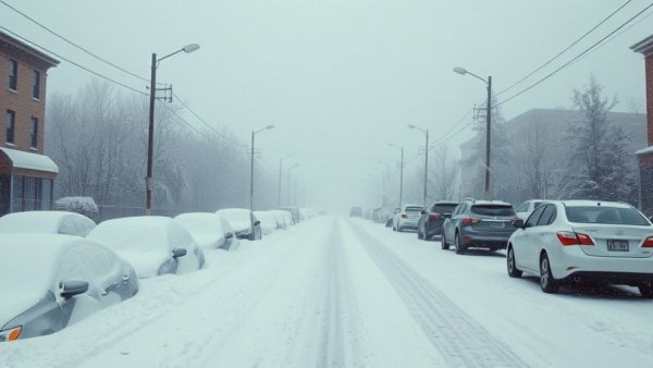 Deserted snowy street with buried cars after blizzard in Saskatchewan.