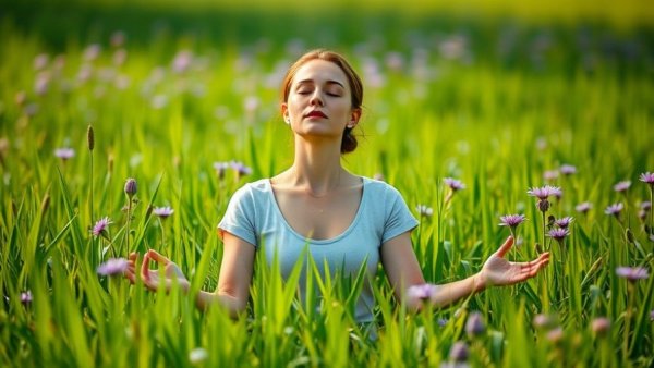 Woman meditating in a vibrant flower field highlighting proper breathing benefits.