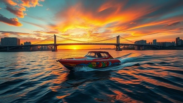 Tempe Boat Cruisin' at sunset with a vibrant sky and city backdrop.
