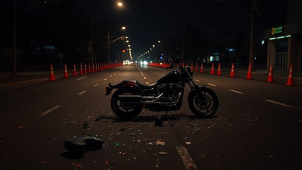 Glendale motorcycle crash scene at night with debris.
