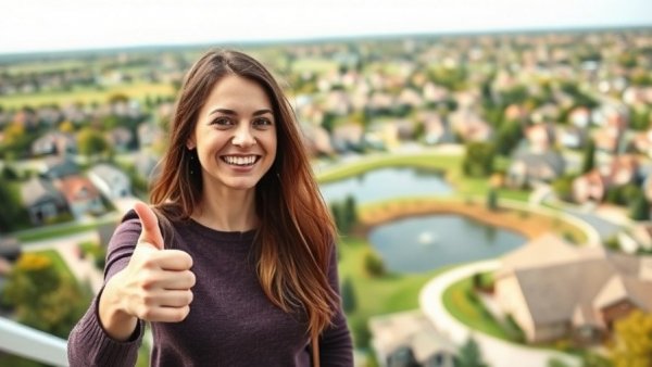 Woman promoting affordable neighborhoods in Phoenix with scenic backdrop.