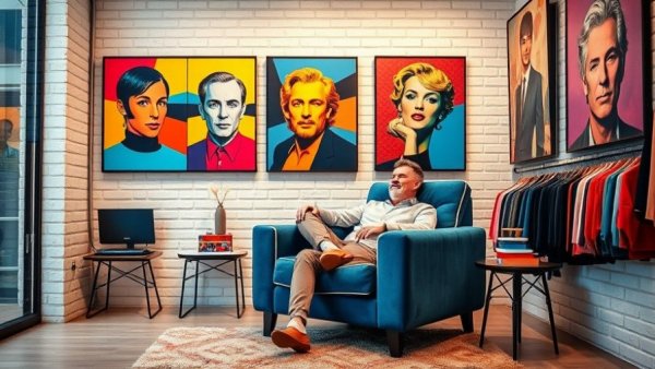 Vibrant boutique with colorful art and man relaxing in blue chair