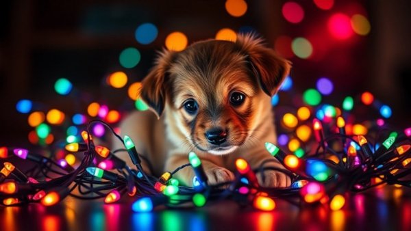 Adorable puppy amidst colorful lights for New Year's safety