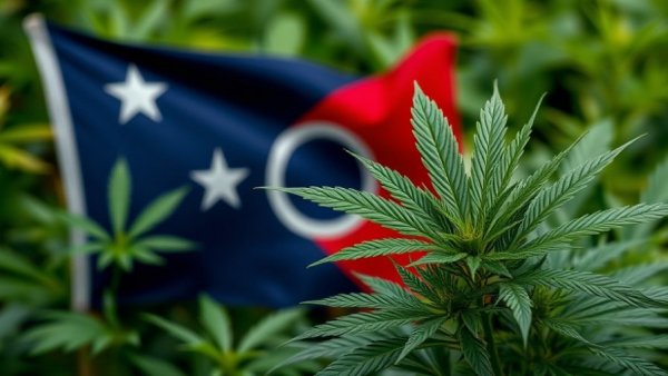 Ohio cannabis legislation changes depicted with flag and cannabis leaves.