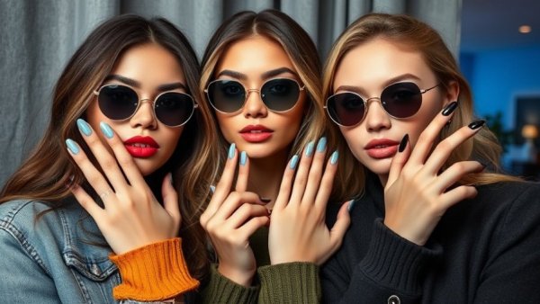 Trendy nail color styles 2026, featuring blue and dark glossy shades.