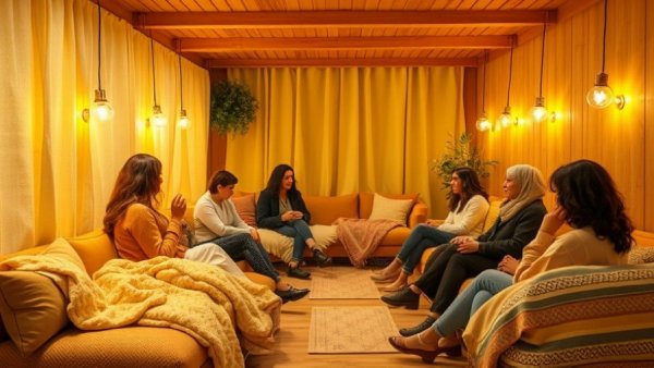 Cozy women's warming centre in Saskatchewan with warm lighting and seating.