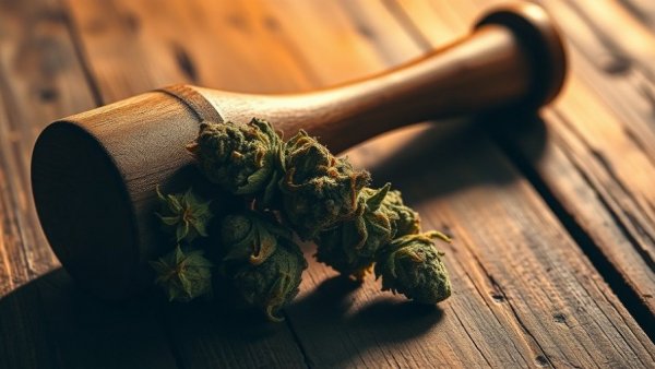 Cannabis industry news: Gavel and cannabis buds on rustic table.