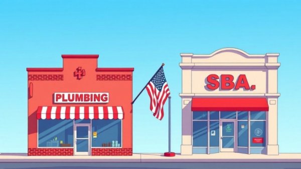 Illustration of SBA and plumbing stores with American flags, related to SBA MARC Loan Program.