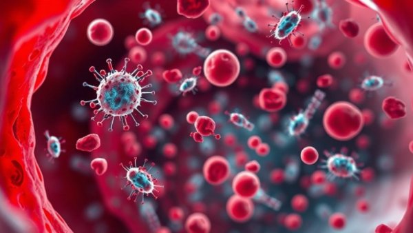 Precision immunotherapy sepsis outcomes depicted with bacteria in blood vessel.