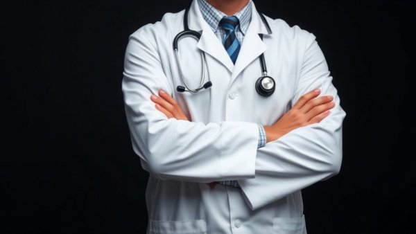 Confident doctor with stethoscope in telemedicine setup.
