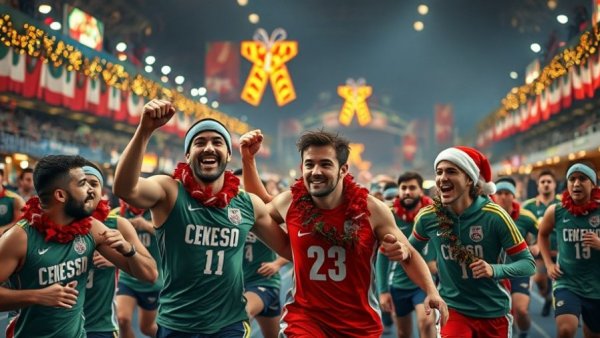 Festive sporting event with Christmas decorations, vibrant atmosphere.