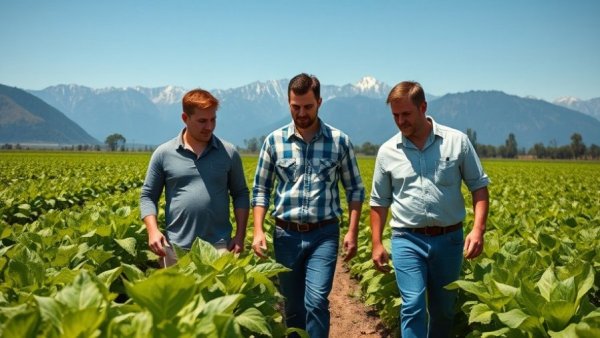 Men inspecting agricultural field in Arizona with mountains.