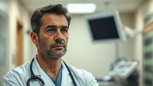 Doctor in hospital holding stethoscope, questioning negligence.