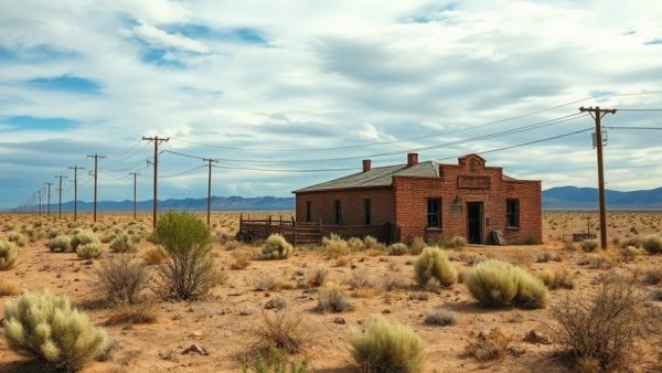 Deserted Storie family farm Maricopa with old building and utility poles.