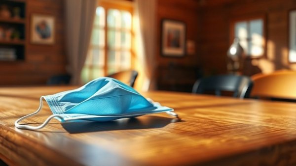 Surgical mask on a table, sunlight, RSV prevention concept.