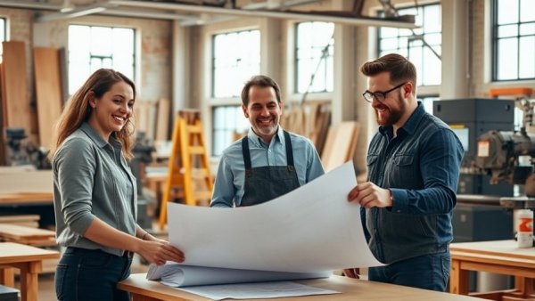 Professionals examining blueprints in a workshop, energy efficiency strategies setting.