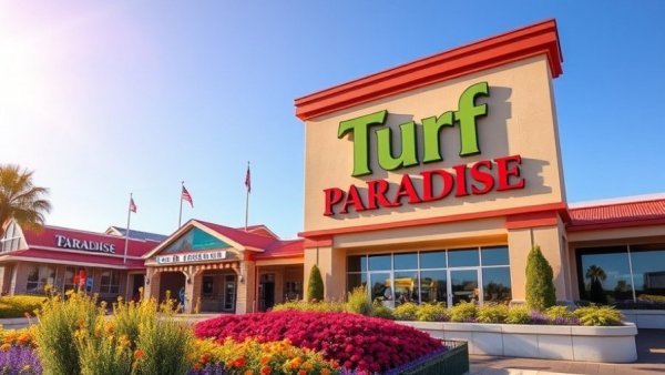 Turf Paradise entrance with upgrades and vibrant flowers under sunny sky.