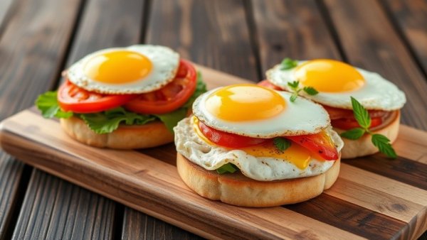 Vitality Foods for Energy: Nutritious breakfast sandwiches on wooden board.