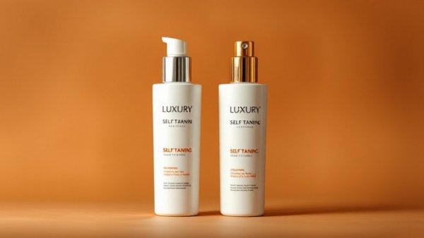 Luxury self-tanners in sleek packaging against a warm background.