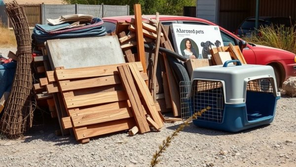 Cluttered scene with debris and blue pet carrier in Maricopa County.