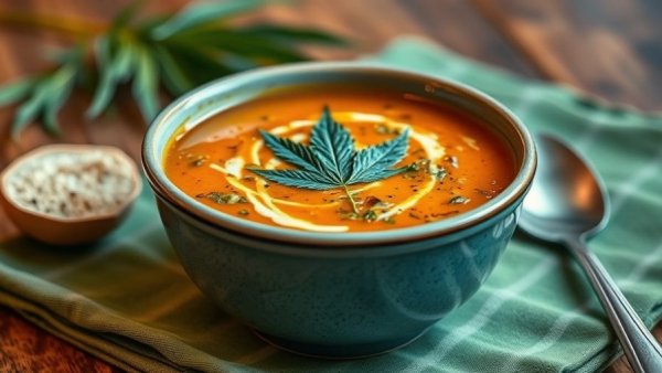 Appetizing cannabis-infused soup in a bowl on a green cloth.
