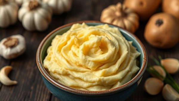 Roasted garlic mashed potatoes in a blue bowl, surrounded by garlic.