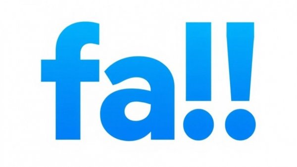 Logo displaying 'fa!' in bold blue and white.