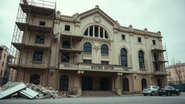 War-scarred Mariupol theater under reconstruction with scaffolding.