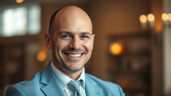Bald man smiling confidently in light blue suit indoors, cannabis beverages market growth.